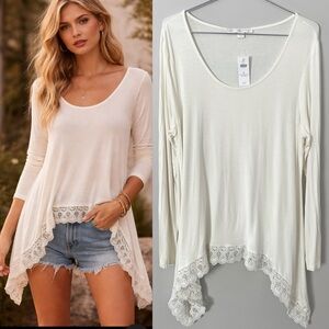 NWT Boston Proper Asymmetrical Crochet Hem Jersey Knit Top Tunic Cream XL Boho